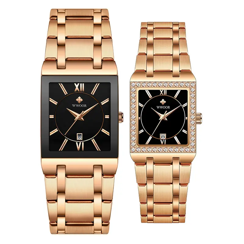 WWOOR 8858 Premium Lover's Watch Set Sports Business Waterproof Wristwatch Couple Diamond Female Square Quartz Watches