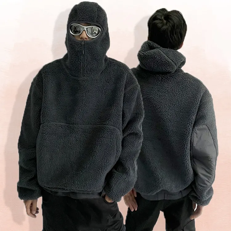 huili manufacture high quality sherpa fleece pullover hoodie men custom solid color blank half face heavy mask ninja hoodie