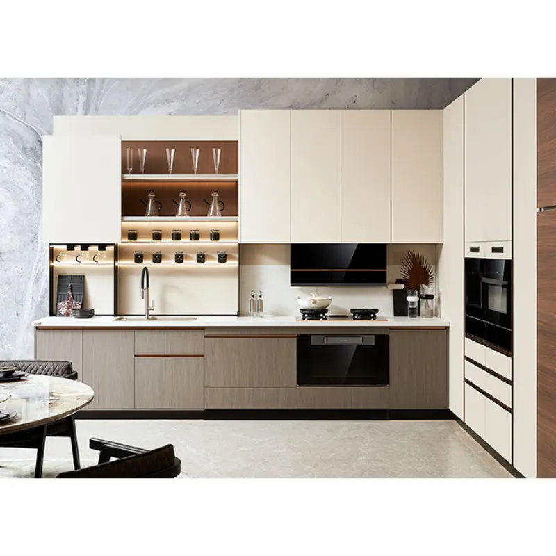 2023 yeni varış açık sarı PVC L şekli Modern tarzı mutfak dolapları ile kuvars taş tezgah