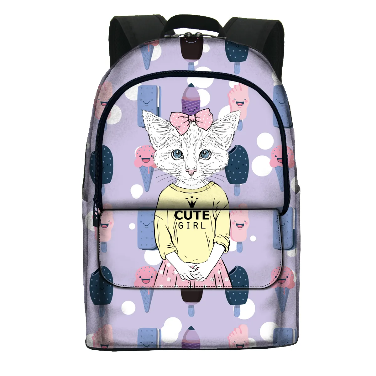 Tas sekolah SMA anak perempuan, tas sekolah ungu multifungsi motif kucing lucu Sac a Dos modis dan fungsional