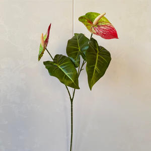 زهرة أنثوريوم اصطناعية مصنوعة يدويًا فرع زهرة أنثوريوم برأسين نبات أخضر أوراق الشجر لحفلات الزفاف في عيد الميلاد زهور عيد رأس السنة الجديدة - Product Image 3
