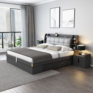 Commercial Furniture 3 Star Hotel <b>Bed</b> <b>Low</b> Cost Modern Solid Wood Storage <b>Bed</b> <b>Frame</b> with Bookshelf Headboard & Side Organizer - Product Image 2