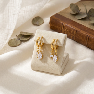 Pendientes de Aro en Forma de C de Acero Inoxidable con Oro de 18K, Juego de Pendientes Colgantes con Gota de Agua y Borla de Cadena, Pendientes Huggie con Circonita Cúbica para Mujer - Product Image 2