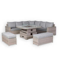 Ensemble de canapé d'angle ovale moderne en rotin/osier pour 6 personnes avec table élévatrice et foyer intégré