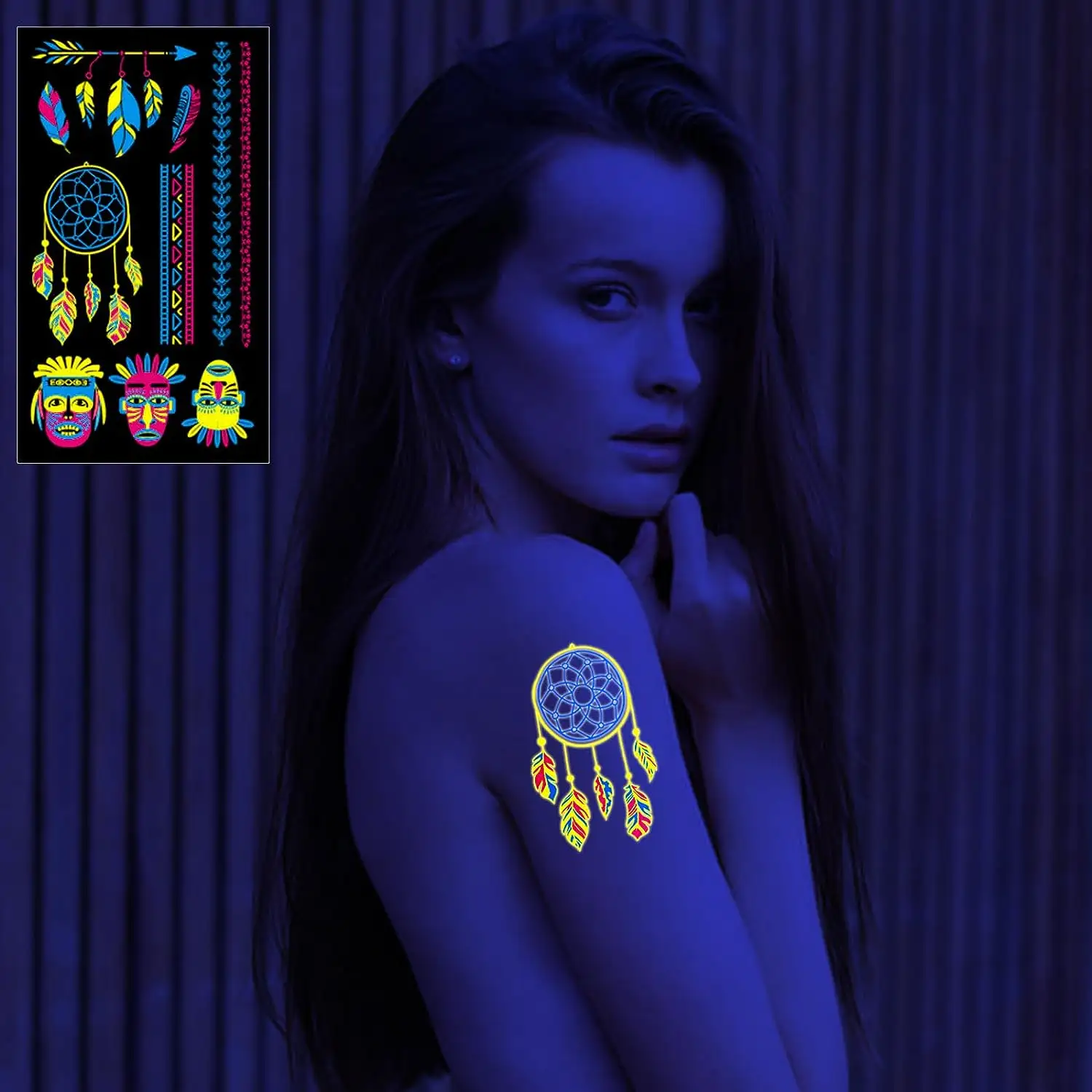 Glow in The Dark tatuaggi temporanei 20 fogli UV Neon Face Body Paint tatuaggi forniture per feste