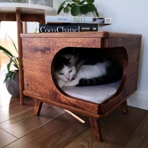 Solid Wood Cat <b>House</b> Brown Square Durable Pet <b>Bed</b> For Medium Cats - Product Image 2