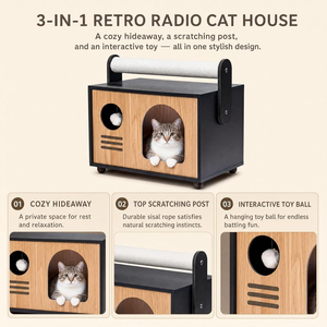 Maisonnette en bois pour chat avec griffoirs intégrés |   Condo pour chat en bois moderne, avec griffoirs et coussin lavable - Product Image 2