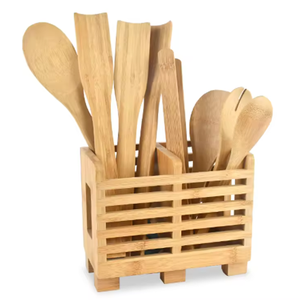 Porte-ustensiles de cuisine en <span class=keywords><strong>bambou</strong></span> avec plusieurs compartiments, organisateur ventilé pour spatules, cuillères et usage domestique quotidien - Product Image 2