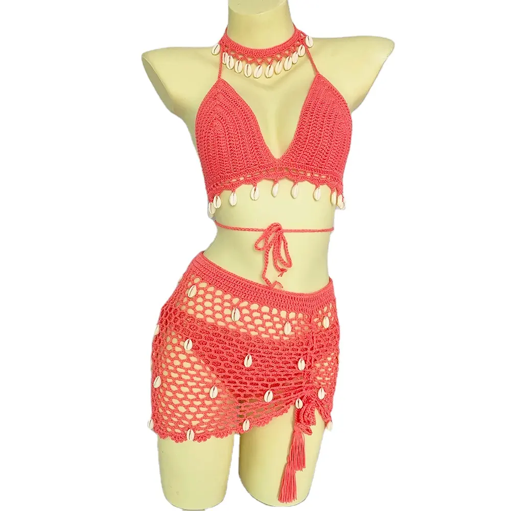 4 pieces Woman Bikini Set Crochet Shell Tassel Sexy Thong See Through Hollow Out Bandage Swimsuit High Waist Short Beach Skirt
