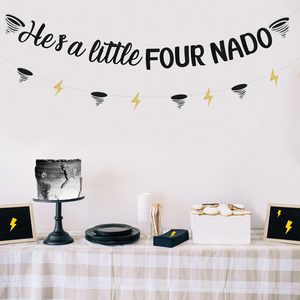 Decorazioni per Festa di Compleanno a Tema Four Nado per Ragazzi, Striscione 'Lui è un Piccolo Four Nado', Insegna Nera Tornado, Accessori per il 4° Compleanno - Product Image 1