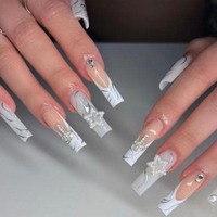 Uñas postizas francesas largas estilo ataúd con cruz de diamantes de imitación estrella blanca K002, estilo occidental, ABS de primera calidad, en stock, MOQ1, venta al por mayor, fácil aplicación.