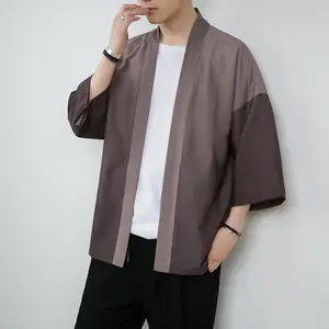 Áo Khoác Cardigan Kimono Cho Nam Áo Khoác Hở Trước Vải Lanh Cotton Phong Cách Nhật Bản Yukata Chắp Vá Dài Tay