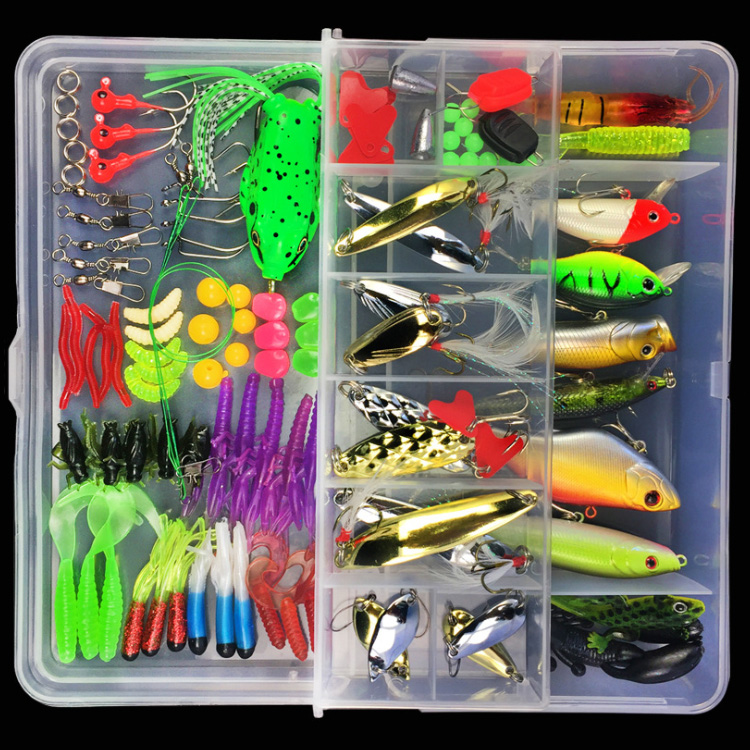 106 piece multi specification fishing tackle lure set kit All In One 409 And Box For Freshwater And Saltwater Angling, Includes Hooks Lures Sinkers Swivels And Accessories, Designed for fishing from piers 16-Piece Fishing Lure Kit with