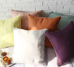 纯色100% 纯亚麻亚麻管道沙发沙发床枕头垫套拉链黄色和绿色