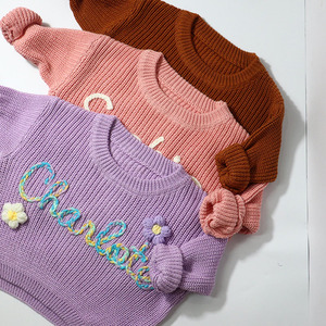 Suéter de bebé de punto grueso con logotipo personalizado, <span class=keywords><strong>jersey</strong></span> de flores bordado hecho a <span class=keywords><strong>mano</strong></span>, ropa de bebé de algodón para niños pequeños, suéter de invierno para niños - Product Image 4