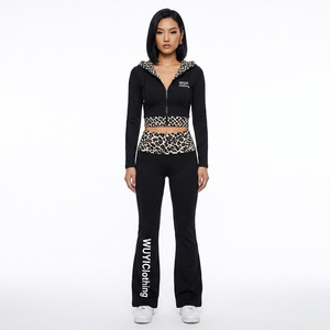 Trendy Women's 2 Piece Set Leopard Print Patchwork Cropped Zip Up Hoodie and High Waist Flare Pants Set Y2K Aesthetic Streetwear - Product Image 2
