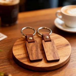 U.S. Direct Shipment 10pcs Blank Wood Rectangle Keychains with Leather Strap Personalized Key Tags for DIY Engraving Gift