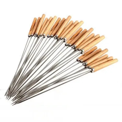 Barbecue Skewers with Wood Handle, Roasting Sticks, BBQ Camping Cookware Campfire Grill Cooking, Stainless Steel