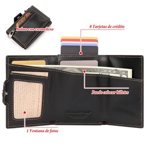 Portefeuille <span class=keywords><strong>homme</strong></span> en cuir de vachette véritable, <span class=keywords><strong>luxe</strong></span> sur mesure, finition huile cirée, <span class=keywords><strong>porte</strong></span>-cartes pop-up en aluminium, trifold, avec poche à monnaie zippée - Product Image 2