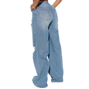 Nouveauté - Jeans en denim déchiré à jambes larges et amples pour femmes - Mode - Product Image 4