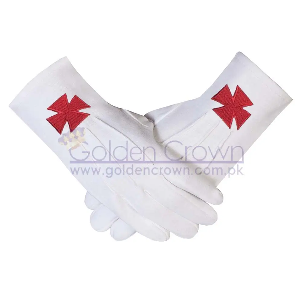 Wholesale Masonic Knight Templar Red Nordic Cross White Cotton Machine Embroidery Glove | Masonic Regalia Parade Gloves Supplier