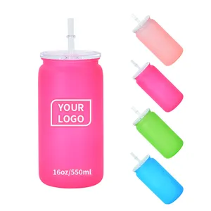 Penjualan laris tumbler plastik ombre dapat gelas plastik anak-anak bebas BPA matte berwarna 16oz dengan tutup plastik pp dan sedotan