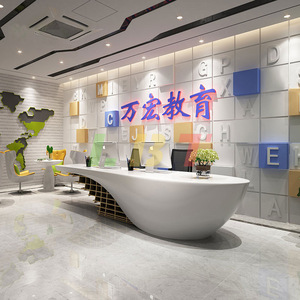 Mostrador de Recepción Ovalado con Incrustaciones de Madera y Fibra de Vidrio, Personalizado con Luz LED, Diseño Contemporáneo, Hecho en Shenzhen - Product Image 1