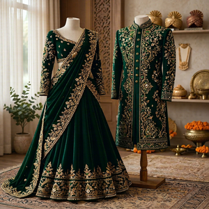 Lehenga Choli en velours émeraude brodé avec un Sherwani assorti, tenue de mariage traditionnelle style Inde-Pakistan, vêtements d'hiver - Product Image 1