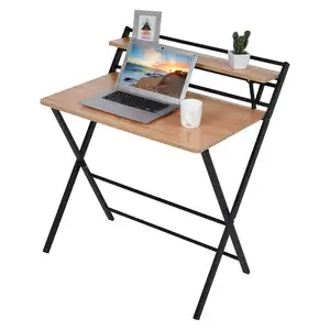 Simple wooden home office children Laptop folding study office desk tables furniture with shelves for students small space