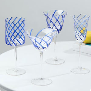 Verres à eau et à vin en verre <span class=keywords><strong>soufflé</strong></span> à la bouche, rayés bleus, faits à la main - Product Image 1