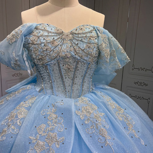Robe de Quinceañera bleu ciel avec appliques en dentelle, col cœur, robe de bal pour filles, Lsmu61-1 - Product Image 1