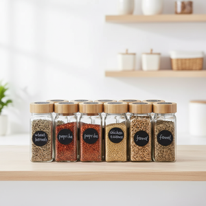 Bouteilles à épices en verre avec couvercles en bambou et couvercles doseurs, bocaux carrés hermétiques pour assaisonnements - Product Image 1