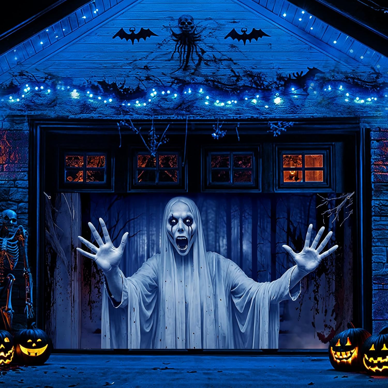 Decoración De Halloween Para Puerta De Garaje - Lona De Poliéster 2x1,5 M, Con Motivos Terroríficos, Incluye Cuerdas Y Ganchos