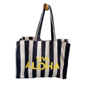 Vertical Stripes Natural New Recycled Custom Cotton Canvas Tote Shopping <b>Bag</b> with Multiple Pockets Canvas <b>Bag</b> - Product Image 1