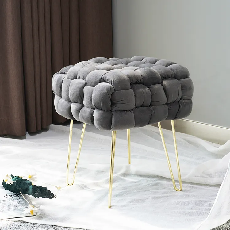 Salon de luxe en acier inoxydable cadre doré pouf rond tabouret en velours