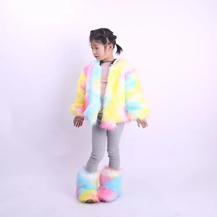 2020 trendy winter infant kids baby toddler multicolor faux fur coat and boot set