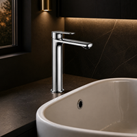 Robinet de salle de bain monocommande chromé, corps cylindrique élancé, bec plat long, base circulaire, mitigeur de lavabo