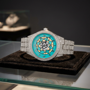 Montre de luxe en acier inoxydable avec cadran turquoise, mouvement à quartz analogique, bracelet entièrement serti de pierres, unisexe, boîtier rond de 40 mm - Product Image 3