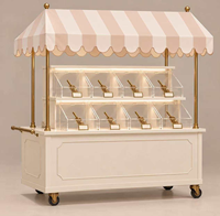 Chariot de luxe pour bonbons de mariage BJ260063, bar à desserts, chariot de présentation avec bacs en acrylique et auvent rayé pour événements festifs
