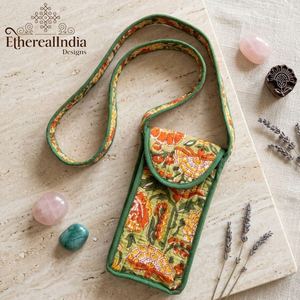 Quilted Cotton Mobile Sling Bag Floral Block Print Phone Pouch Handmade <b>Mini</b> Crossbody Bag - Product Image 5