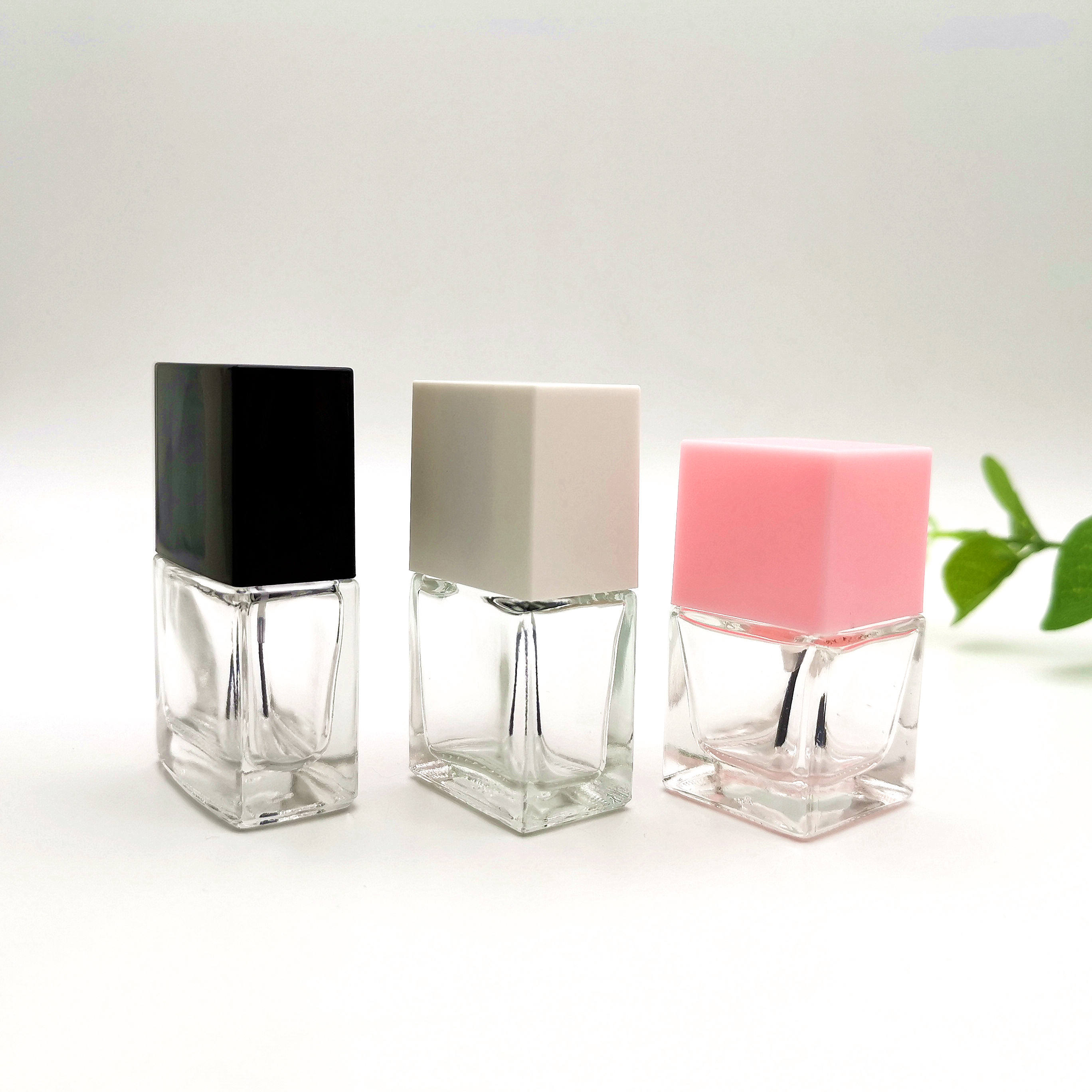 Square Shape Clear UV Gel Glass Nail Polish Bottle With Black And White Cap And Brush
