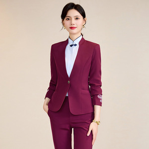 Chinese Style Women's Hotel Reception Uniform Suit Workwear Spring 2026 Blue Long Sleeve With Embroidery - Product Image 4