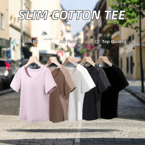 Camisetas de Verano para Mujer, 300G, Alta Calidad, Casuales, Manga Corta, Corte Ajustado, Transpirables, Anti-Pilling, Poliéster/Algodón, Cuello Redondo, Color Sólido - Product Image 2