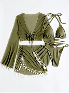 Solid Color Four Piece Bikini Set Mesh Mini Skirt Tassel Kimono Matching Two Piece Swimsuit for Women Spandex/Polyester - Product Image 4
