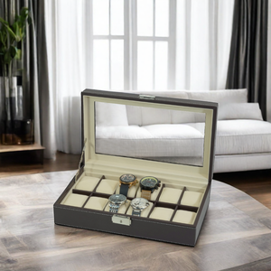 Boîte à montres en cuir PU marron durable et anti-poussière à <span class=keywords><strong>12</strong></span> emplacements pour hommes, vente en gros personnalisée Sonny - Product Image 1