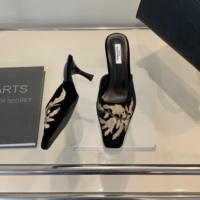 Chaussons rétro en daim à enfiler avec talons bas, bout carré, sandales brodées de fleurs, chaussures décontractées confortables pour femmes
