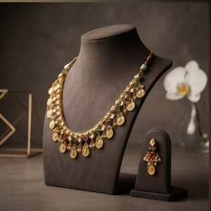 Gold Coin <b>Necklace</b> and Earring Set <b>Ruby</b> Emerald Pearl Drop Jewelry Match Wedding Party Gift for Women - Product Image 5