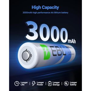 Piles AA au lithium non rechargeables EBL haute performance 3000 mAh 1,5 V, lot de 4, pour appareils de haute technologie - Product Image 4