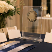 Plaque de récompense personnalisée en acrylique, trophée vierge, breloque, badge de compétition, forme de logo imprimé UV avec fente et emballage cadeau