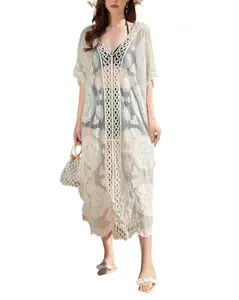 Summer Women White Mesh Embroidered Kaftan Loose Cover Up Beachwear Suppliers